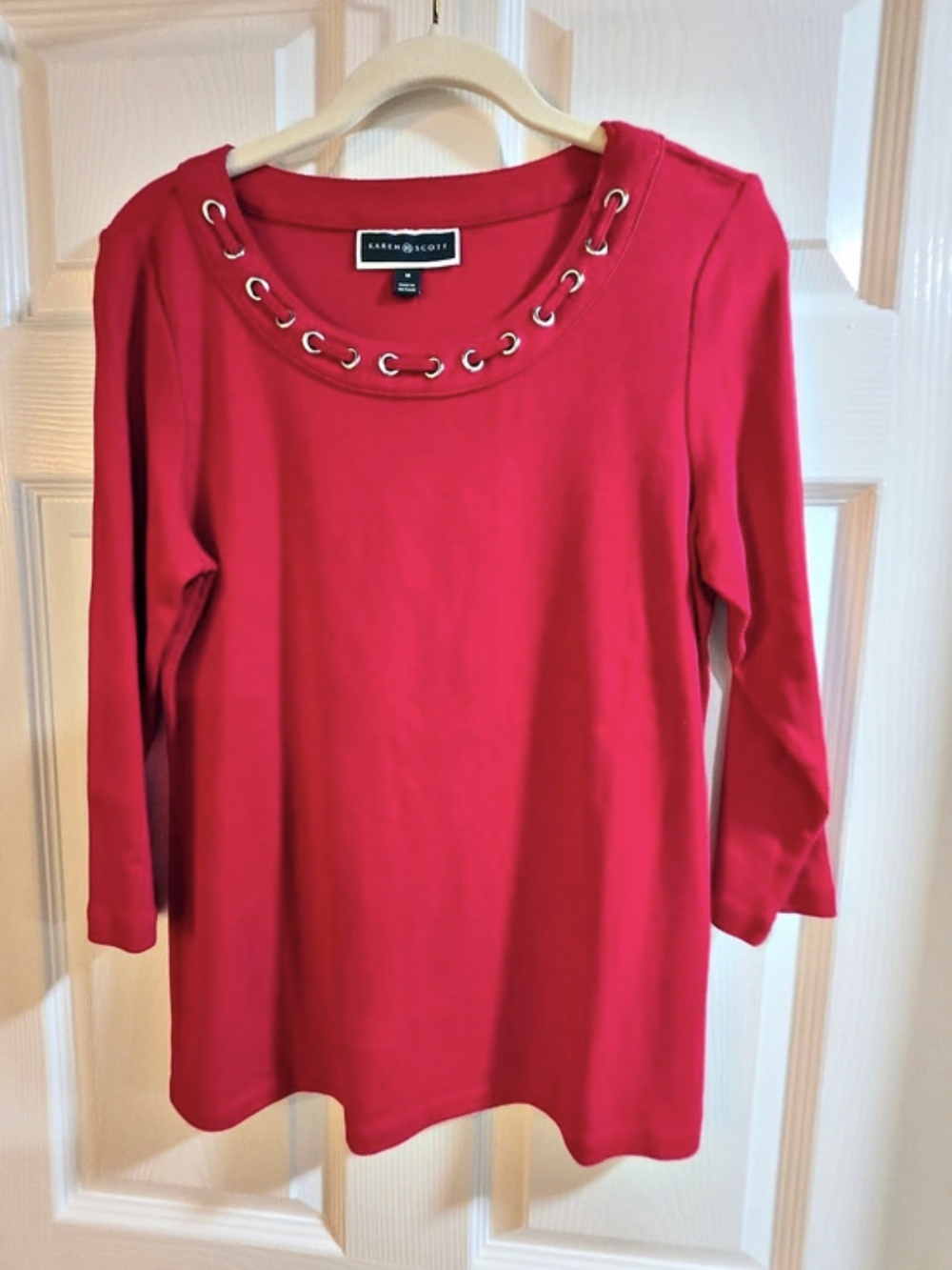Karen Scott Red Grommet Neckline Top Size M